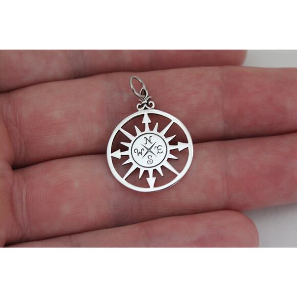 Sterling Silver Compass Rose Charm Necklace, Silver Compass Rose Charm - Picture 1 of 6